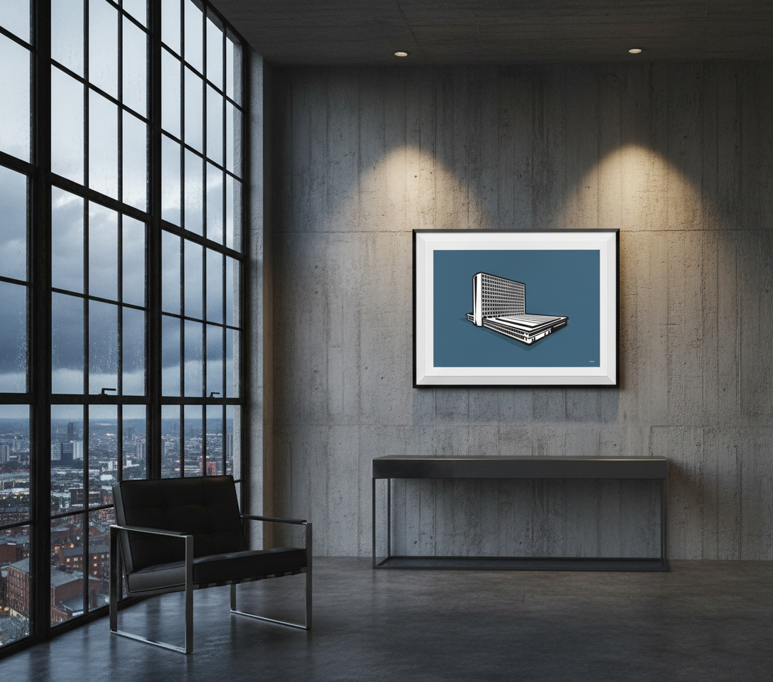 Large framed architectural print of Hexagon Tower Manchester on a minimalist concrete wall in a dramatic loft setting.